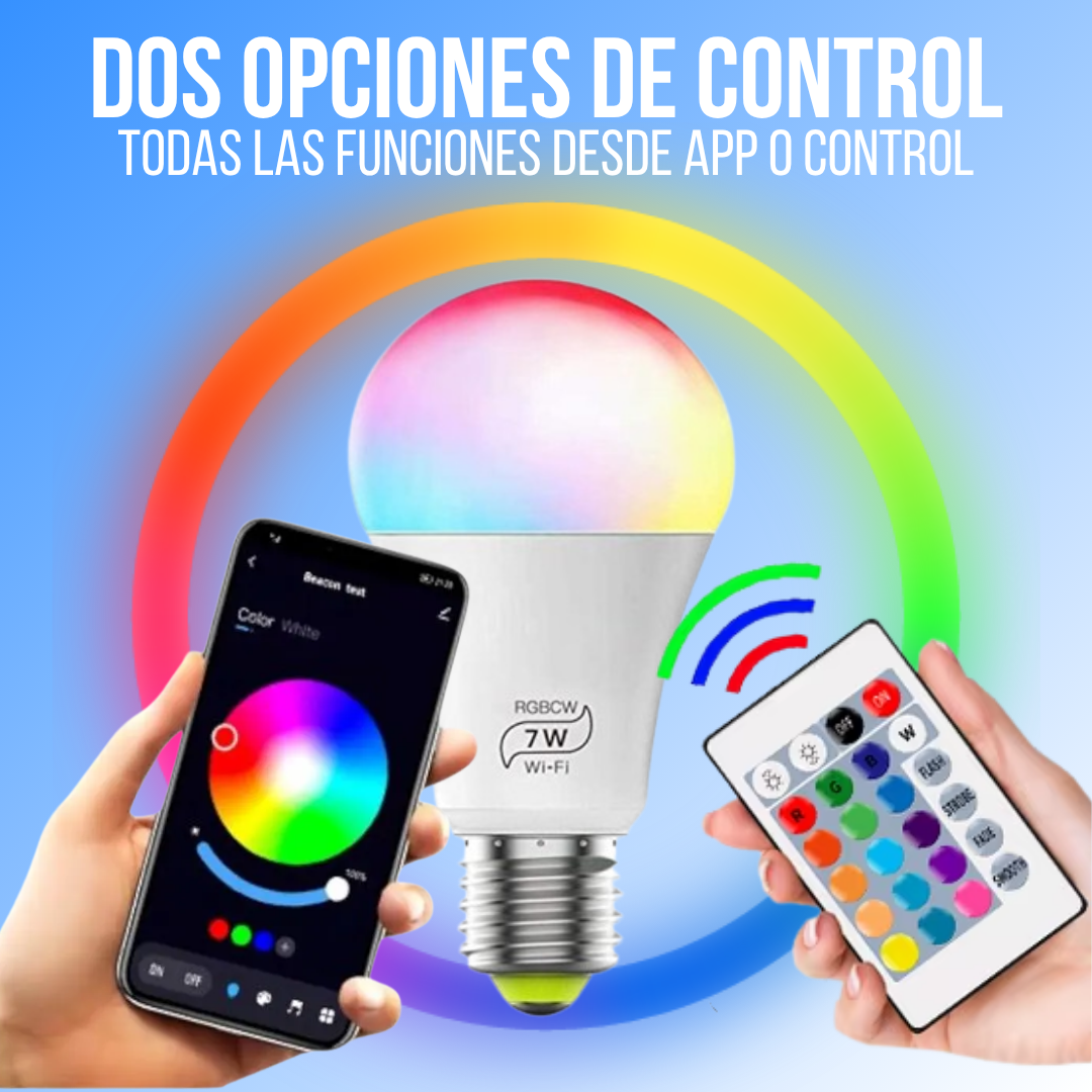 Bombilla LED RGB Inteligente con Wi-Fi Para Controlar Desde APP o Control Remoto